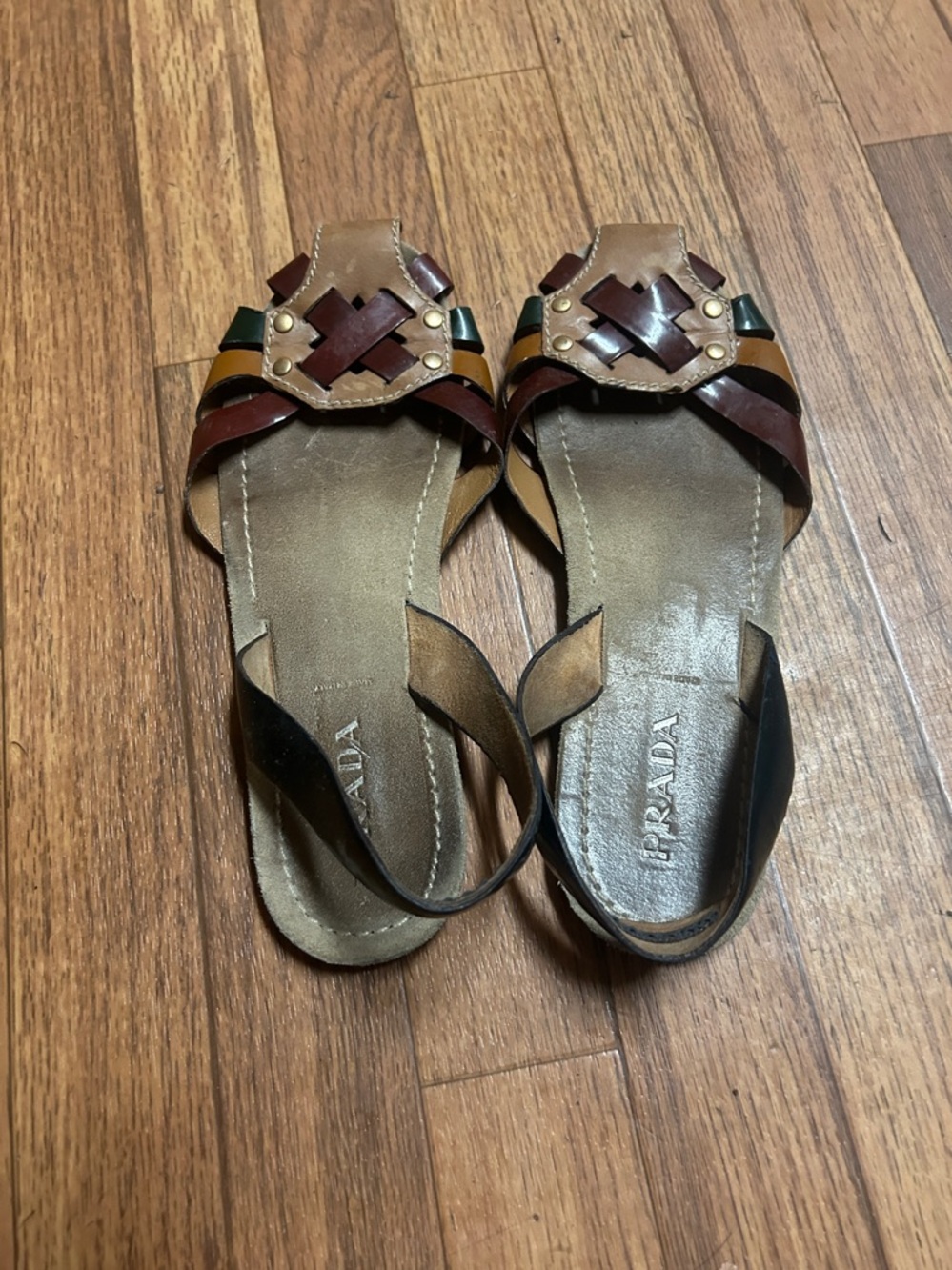 Prada Brown, Burgundy and Green Leather Woven Sandals - Picture 4 of 6